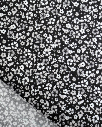 Viscose Sanforisée Noire Motif Fleuri Gris - Mercerine