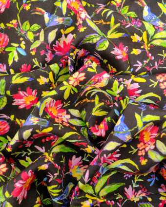 Viscose Sanforisée Noire Motif Fleurs et Perroquet Multicolore  - Mercerine