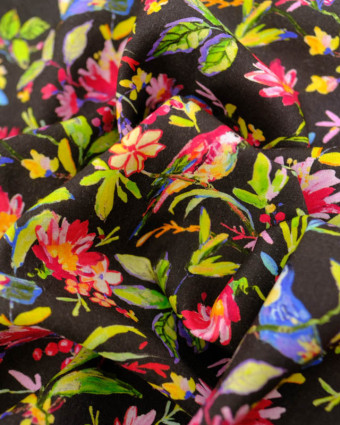 Viscose Sanforisée Noire Motif Fleurs et Perroquet Multicolore  - Mercerine