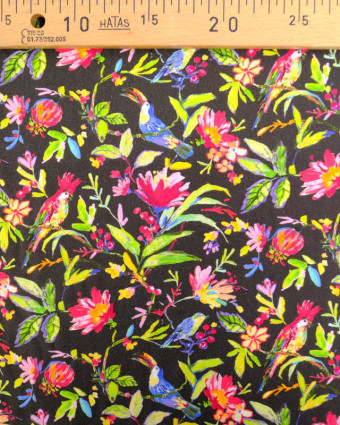 Viscose Sanforisée Noire Motif Fleurs et Perroquet Multicolore  - Mercerine