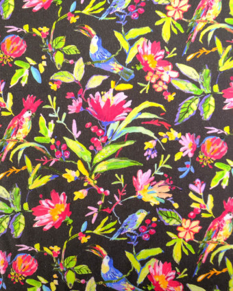 Viscose Sanforisée Noire Motif Fleurs et Perroquet Multicolore  - Mercerine