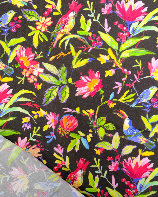 Viscose Sanforisée Noire Motif Fleurs et Perroquet Multicolore  - Mercerine