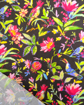 Viscose Sanforisée Noire Motif Fleurs et Perroquet Multicolore  - Mercerine