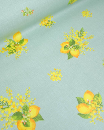 Cretonne de Coton Enduite Motif Citron Fond Bleu Vert - Mercerine