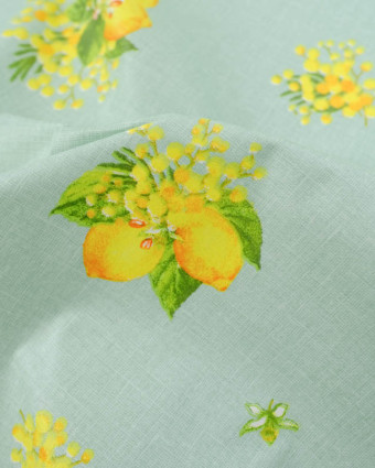 Cretonne de Coton Enduite Motif Citron Fond Bleu Vert - Mercerine