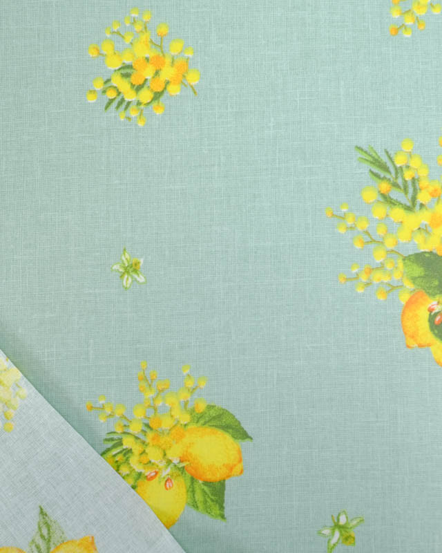 Cretonne de Coton Enduite Motif Citron Fond Bleu Vert - Mercerine