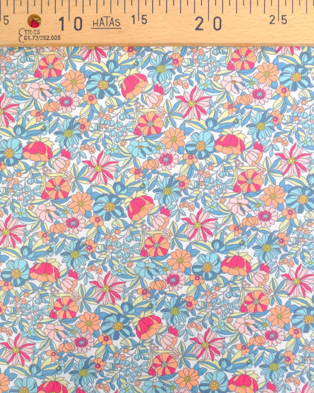 Tissu Coton Motif Fleuri Bleu et Rose - Mercerine