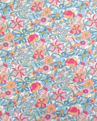 Tissu Coton Motif Fleuri Bleu et Rose - Mercerine