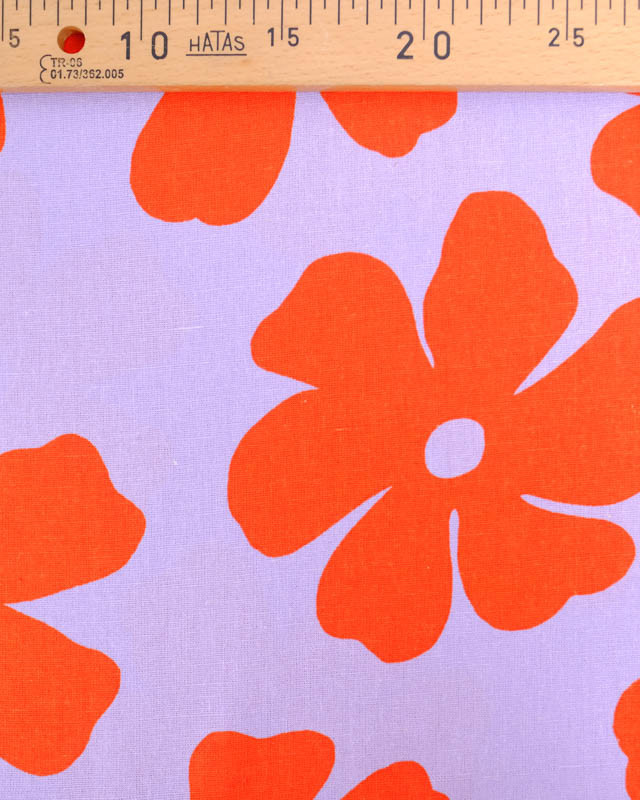 Viscose Lin Lilas Motif Fleurs Rouges - Mercerine