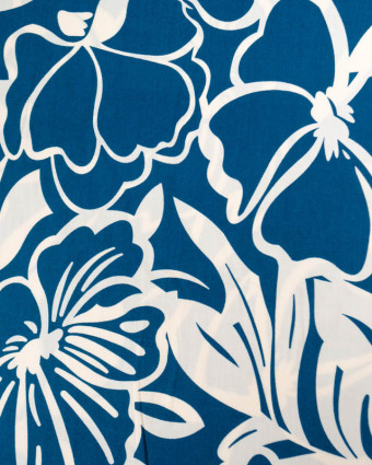 Tissu Viscose Bleu Motif Floral Ecru - Mercerine