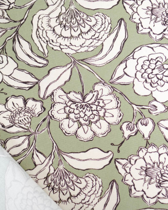 Toile de Coton Canvas Vert Amande Imprimé Floral - Poppy Fabrics - Mercerine