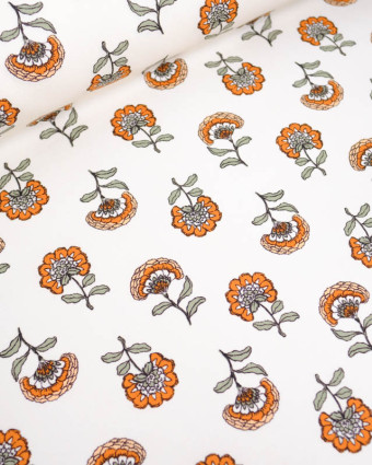 Toile de Coton Canvas Ecu Imprimé Fleuri Orange - Poppy Fabrics - Mercerine