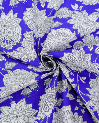 Cretonne de Coton Bleu Roi Motif Floral Baroque  - Mercerine