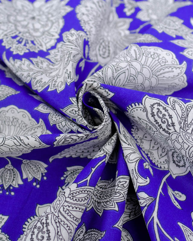 Cretonne de Coton Bleu Roi Motif Floral Baroque  - Mercerine