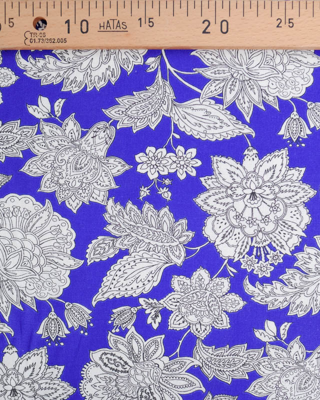 Cretonne de Coton Bleu Roi Motif Floral Baroque  - Mercerine