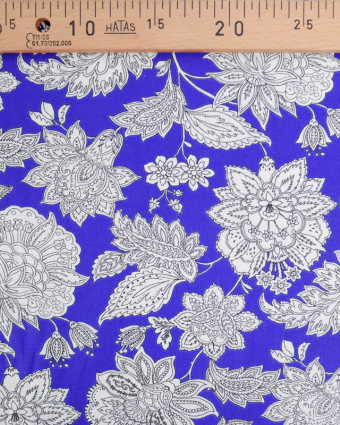 Cretonne de Coton Bleu Roi Motif Floral Baroque  - Mercerine