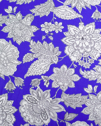 Cretonne de Coton Bleu Roi Motif Floral Baroque  - Mercerine