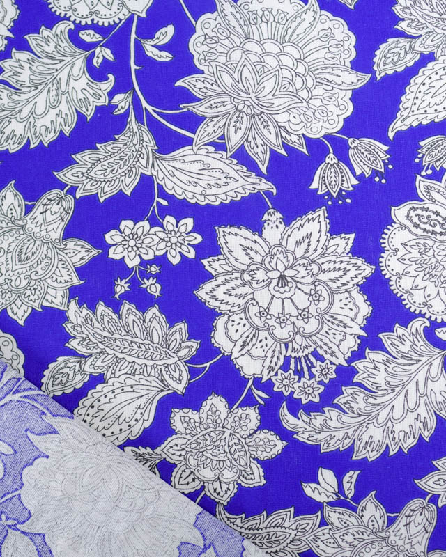 Cretonne de Coton Bleu Roi Motif Floral Baroque  - Mercerine