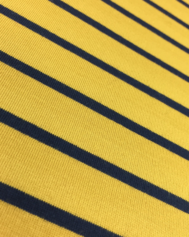 Jersey tissu marinière jaune rayure bleue nuit - Mercerine