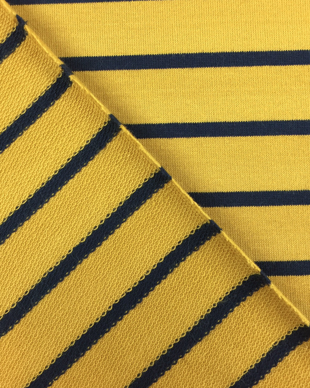 Jersey tissu marinière jaune rayure bleue nuit - Mercerine