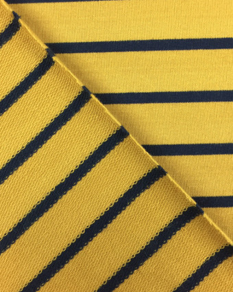 Jersey tissu marinière jaune rayure bleue nuit - Mercerine