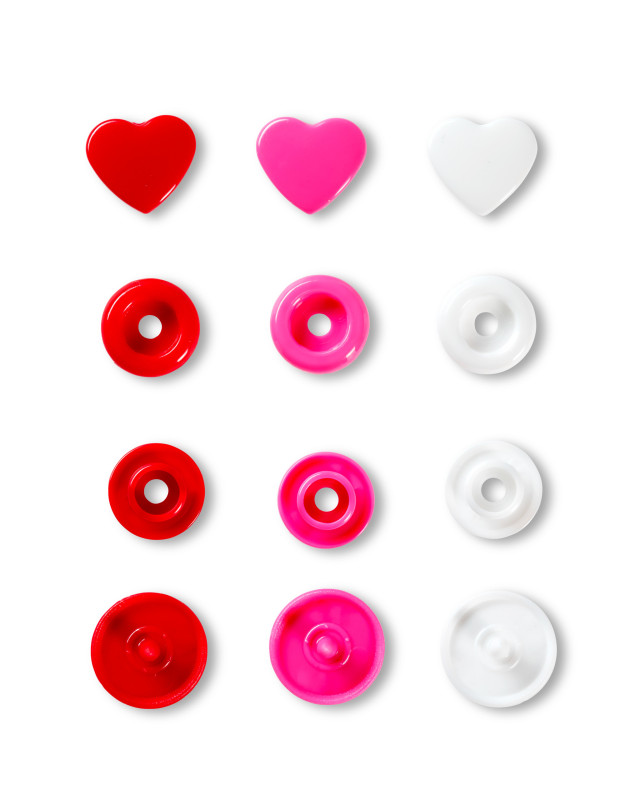 Pressions - Forme coeur - Lot de 30 boutons - Prym - Couleur rouge - rose - Fuschia - Mercerine