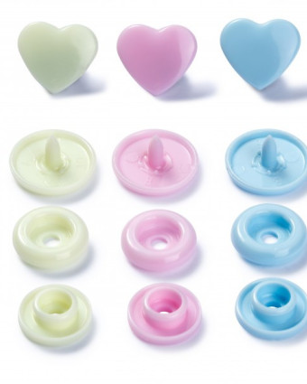 Lot de 30 boutons pression -Coeur - rose, bleu, vert  pastel - Color snaps - Prym Love - Mercerine