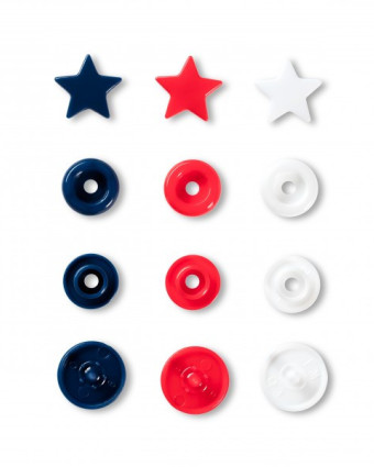 Pressions - Forme étoile - Lot de 30 boutons - Prym - Couleurs - bleu- blanc - rouge  - Mercerine
