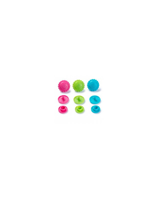 Boutons pression - Forme fleur - rose- vert -bleu - Prym - Lot de 30 boutons - Mercerie - Mercerine