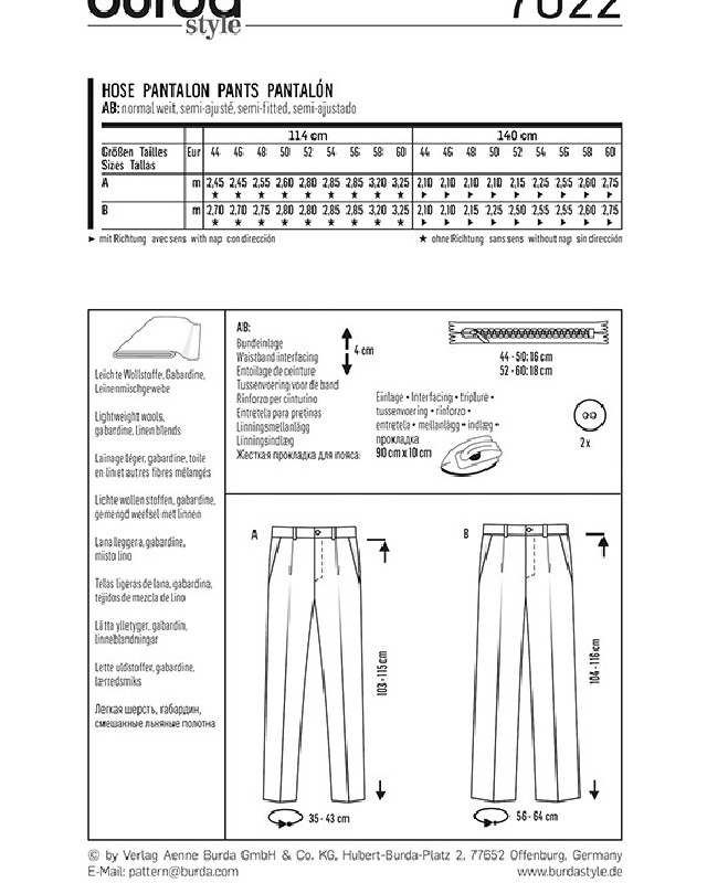 Patron  Pantalon - Burda 7022 - Mercerine