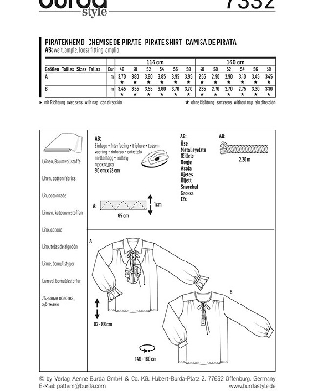 Patron  déguisement Chemise de pirate - Burda 7332 - Mercerine