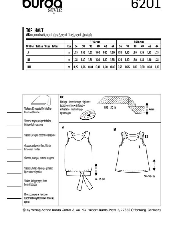 Patron Burda Top trapèze  - Burda 6201 - Mercerine