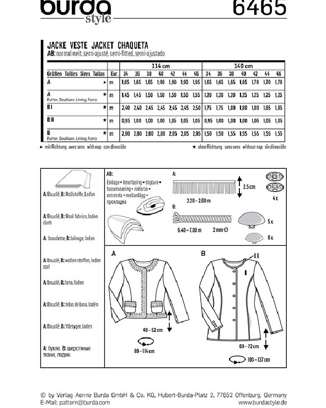 Patron de couture  Veste - Burda 6465 - Mercerine