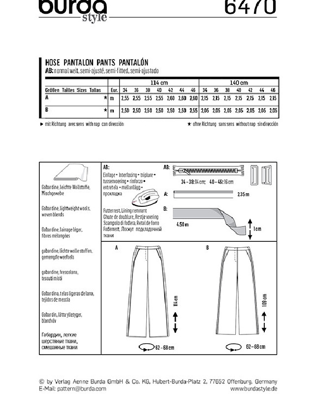 Patron de couture  Pantalon - Burda 6470 - Mercerine