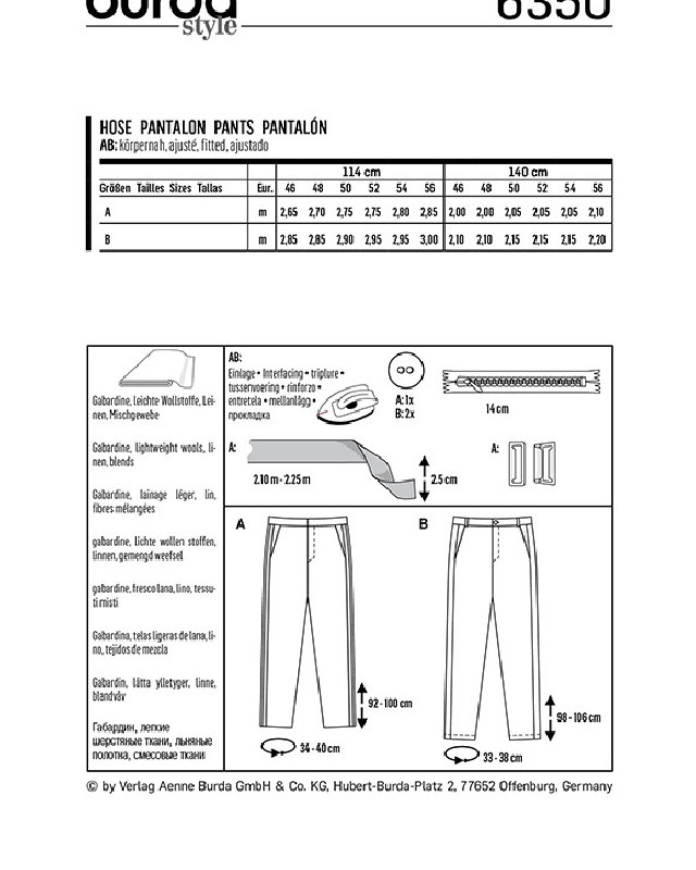 Patron Pantalon hommes  - Burda 6350 - Mercerine