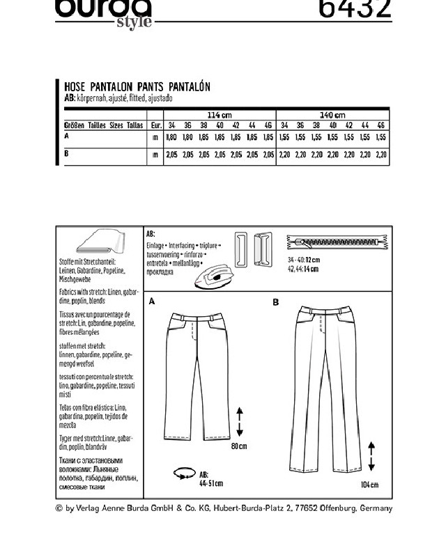 Patron Burda  Pantalon - Burda 6432 - Mercerine