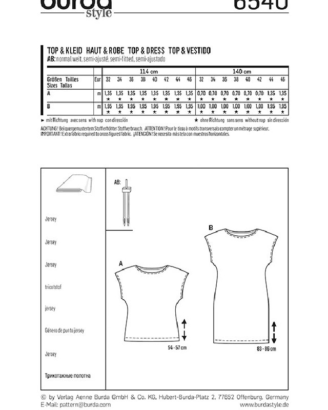 Patron  Haut et robe - Burda 6540 - Mercerine