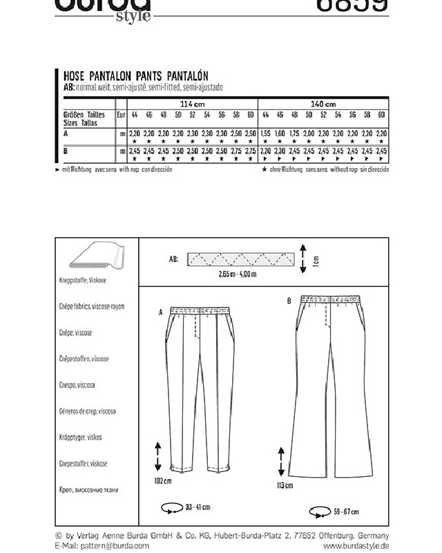 Patron Burda  Pantalon - Burda 6859 - Mercerine