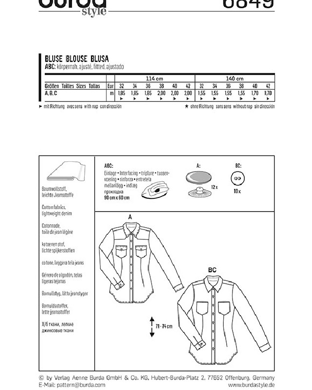 Patron de couture  Chemisier - Burda 6849 - Mercerine