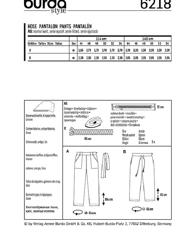 Patron Burda Pantalon pantacourt  - Burda 6218 - Mercerine