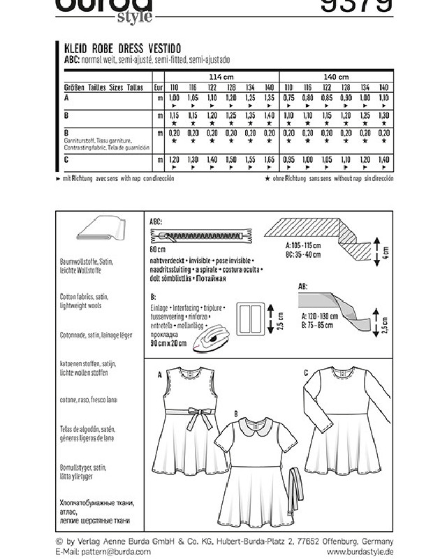 Patron de couture  Robe - Burda 9379 - Mercerine