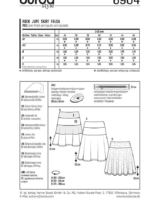 Patron de couture  Jupe - Burda 6904 - Mercerine