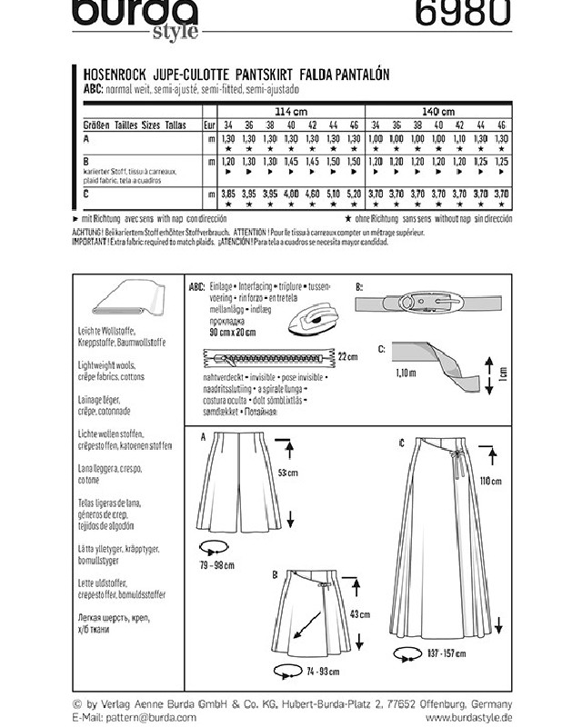 Patron de couture  Jupe-culotte - Burda 6980 - Mercerine