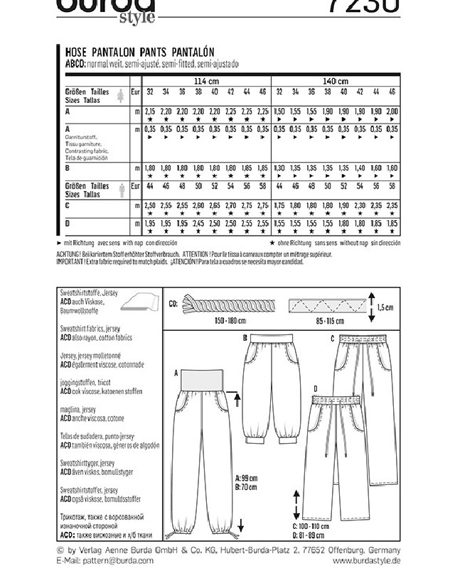 Patron  Young Pantalon - Burda 7230 - Mercerine