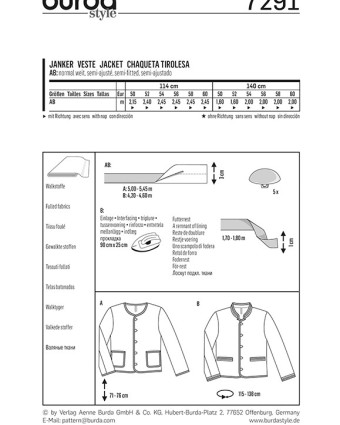 Patron de couture  Veste à boutons - Burda 7291 - Mercerine