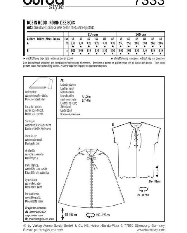 Patron Burda  déguisement Robin des bois - Burda 7333 - Mercerine