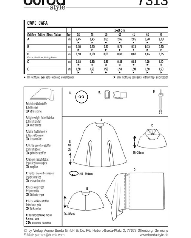 Patron Burda  Cape - Burda 7313 - Mercerine