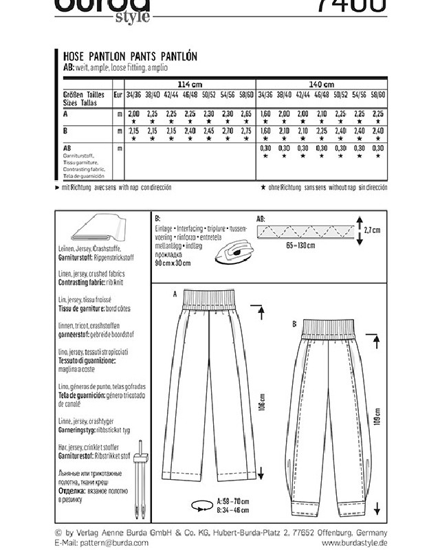 Patron de couture  Pantalon - Burda 7400 - Mercerine