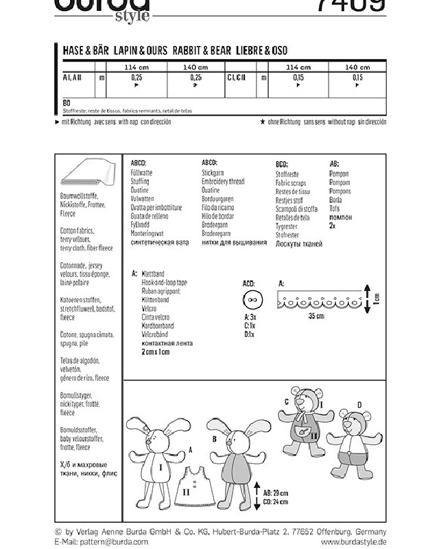 Patron  Lapin et Ours - Burda 7409 - Mercerine