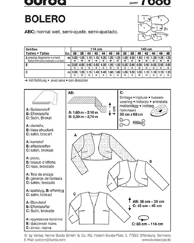 Patron  Boléro - Burda 7686 - Mercerine